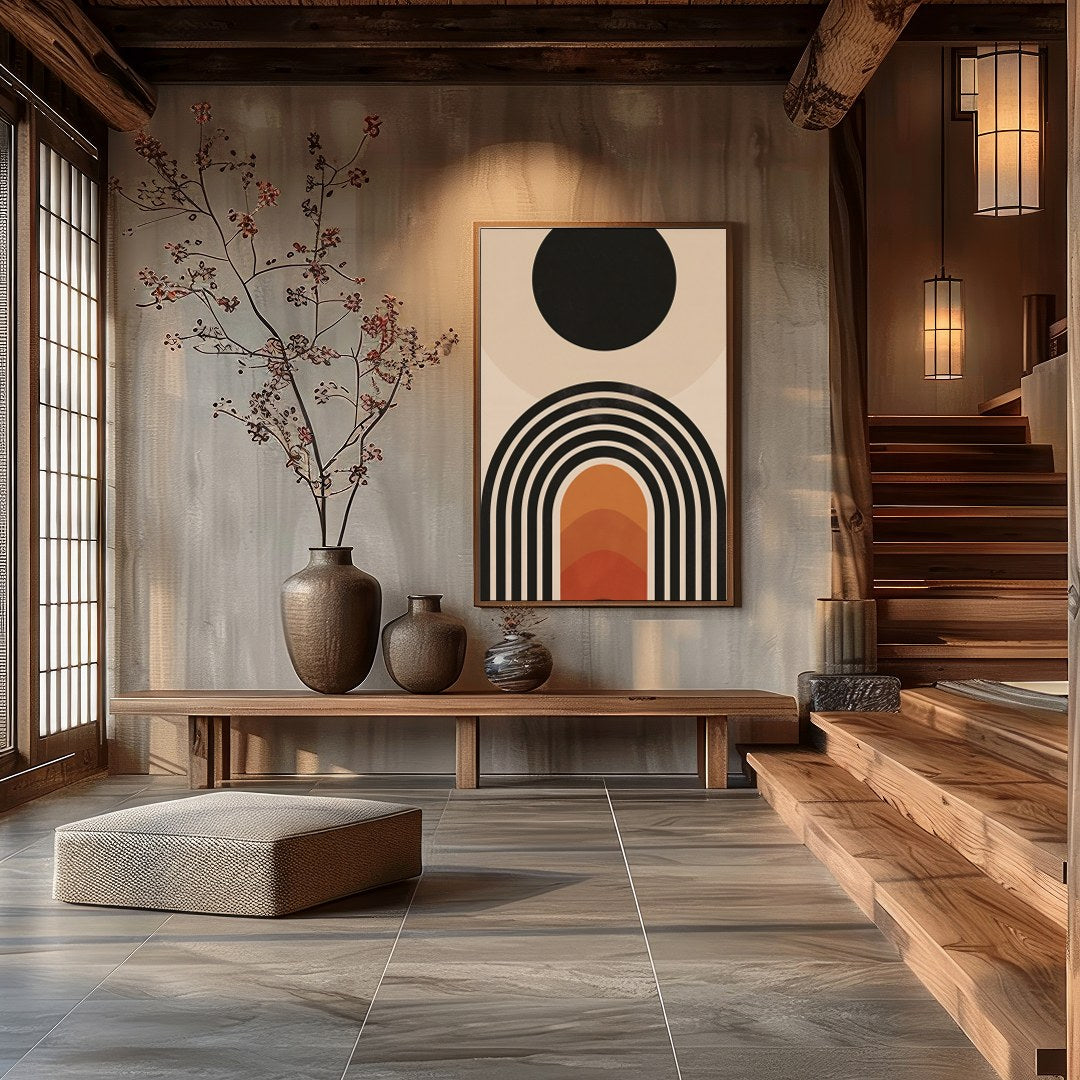 Elevate your space with this stunning mid-century modern artwork, featuring a bold sun and layered for Hall