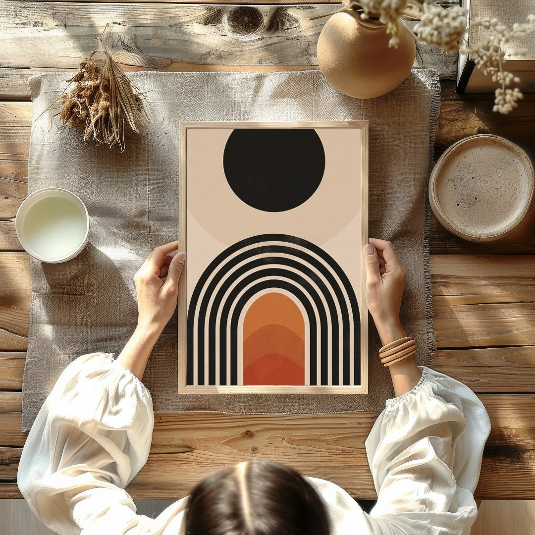 Elevate your space with this stunning mid-century modern artwork, featuring a bold sun and layered for Kitchen