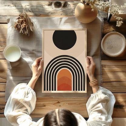 Elevate your space with this stunning mid-century modern artwork, featuring a bold sun and layered for Kitchen