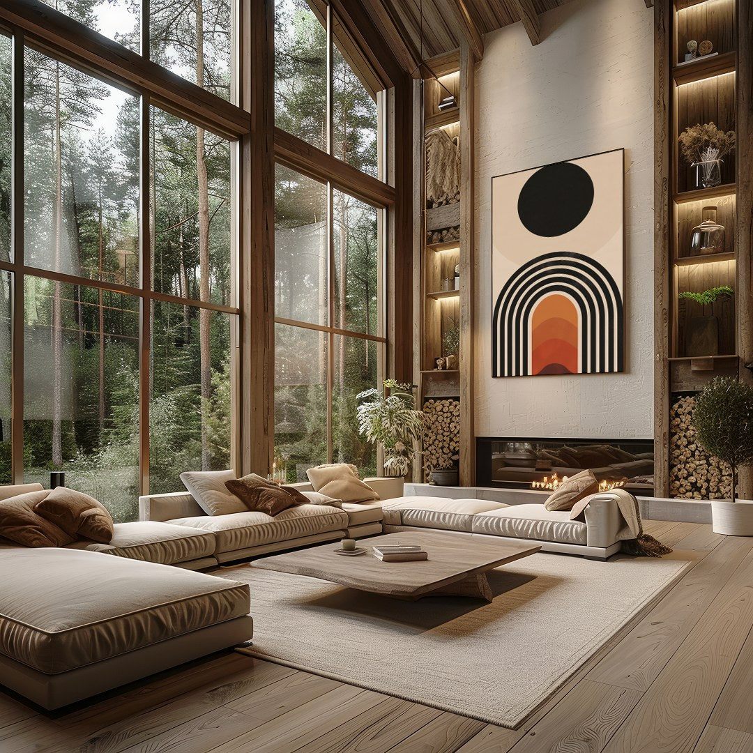 Elevate your space with this stunning mid-century modern artwork, featuring a bold sun and layered for Living Room