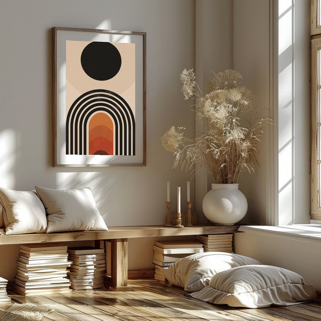 Elevate your space with this stunning mid-century modern artwork, featuring a bold sun and layered for place