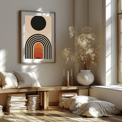 Elevate your space with this stunning mid-century modern artwork, featuring a bold sun and layered for place
