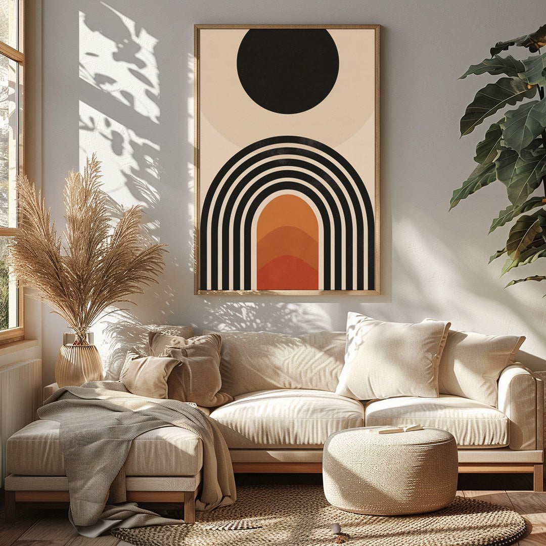 Elevate your space with this stunning mid-century modern artwork, featuring a bold sun and layered for Sitting Area