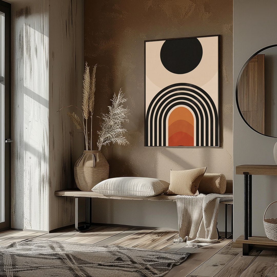 Elevate your space with this stunning mid-century modern artwork, featuring a bold sun and layered for sweet-home