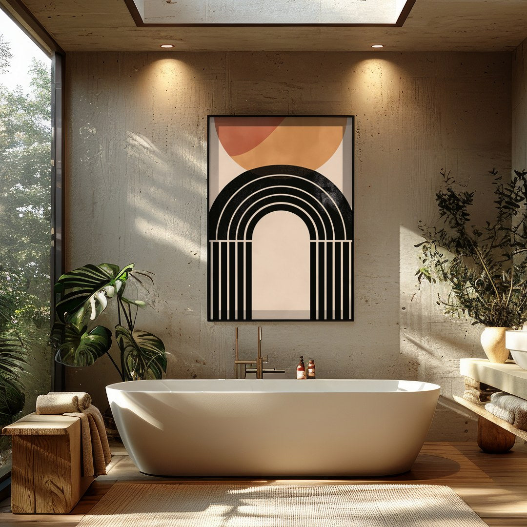 This captivating piece blends geometric elegance with earthy tones, creating a striking balance of for Bathroom