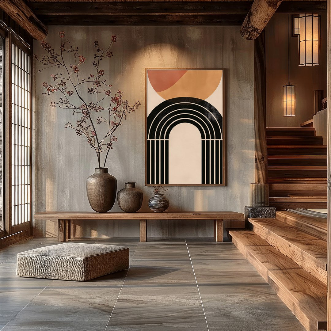This captivating piece blends geometric elegance with earthy tones, creating a striking balance of for Hall