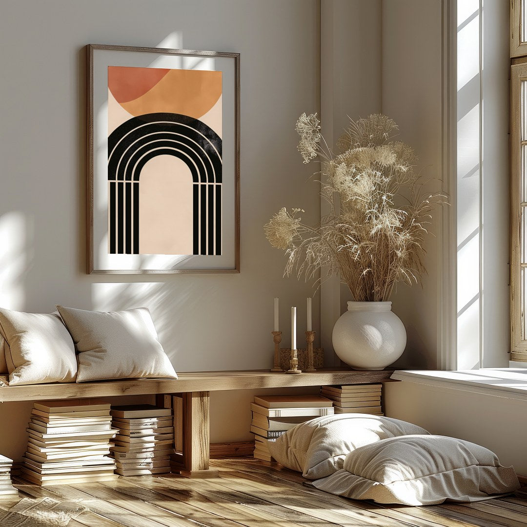 This captivating piece blends geometric elegance with earthy tones, creating a striking balance of for studio