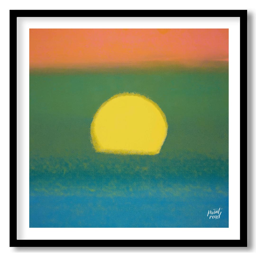 This abstract and atmospheric artwork captures the essence of a sunset over a textured field with b… for abode
