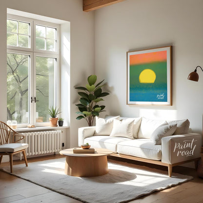 This abstract and atmospheric artwork captures the essence of a sunset over a textured field with b… for living room