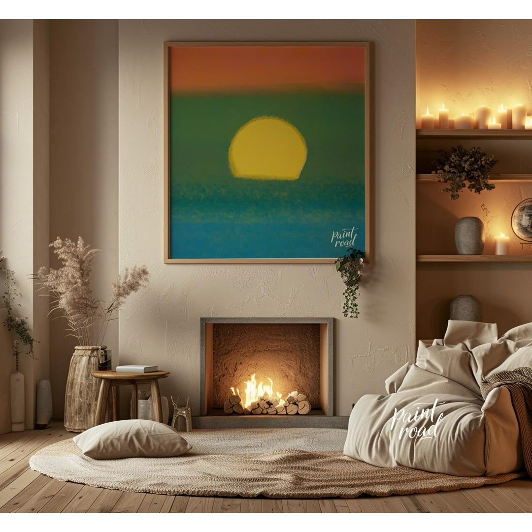 This abstract and atmospheric artwork captures the essence of a sunset over a textured field with b… for living room