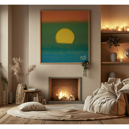 This abstract and atmospheric artwork captures the essence of a sunset over a textured field with b… for living room