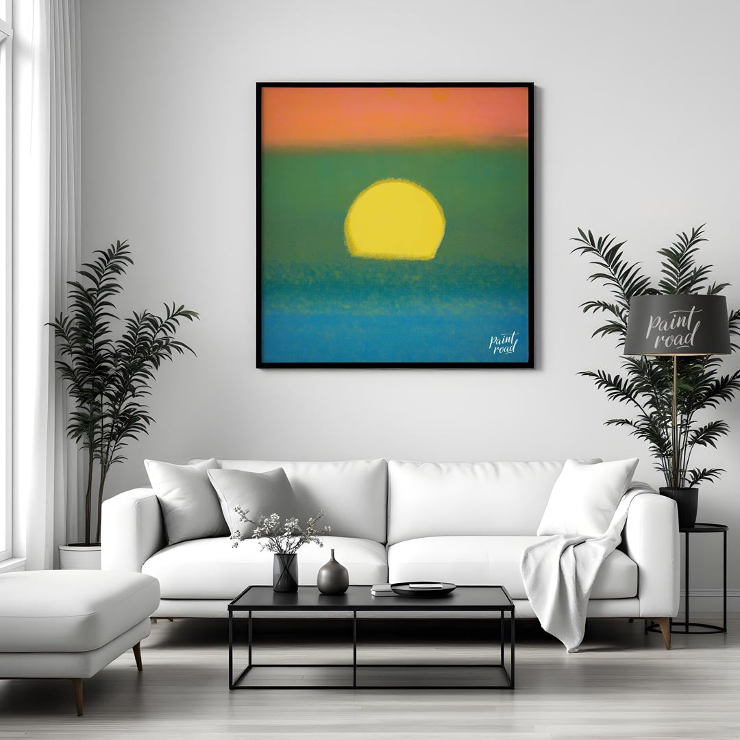 This abstract and atmospheric artwork captures the essence of a sunset over a textured field with b… for living room