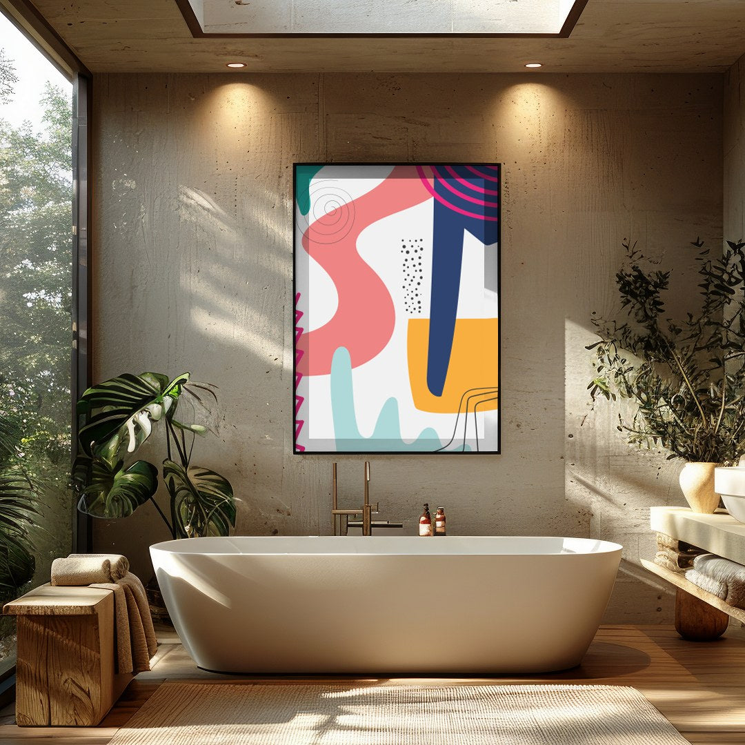 Elevate your space with this vibrant abstract piece, where bold, sweeping lines meet playful for Bathroom