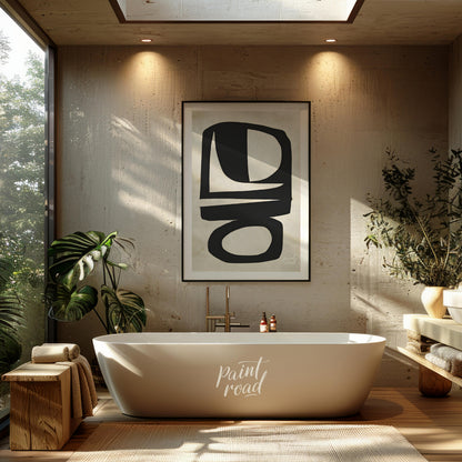 """Abstract Totem"" presents a striking composition of bold, black shapes against a textured, neutr… for bathroom