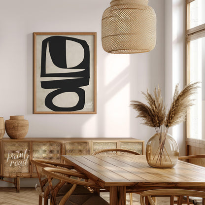 """Abstract Totem"" presents a striking composition of bold, black shapes against a textured, neutr… for dining room