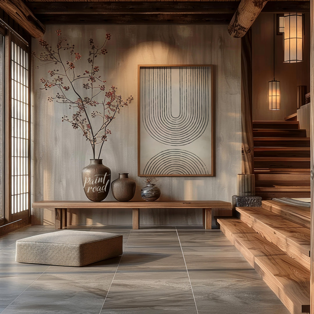 """Abstract Totem"" presents a striking composition of bold, black shapes against a textured, neutr… for entryway