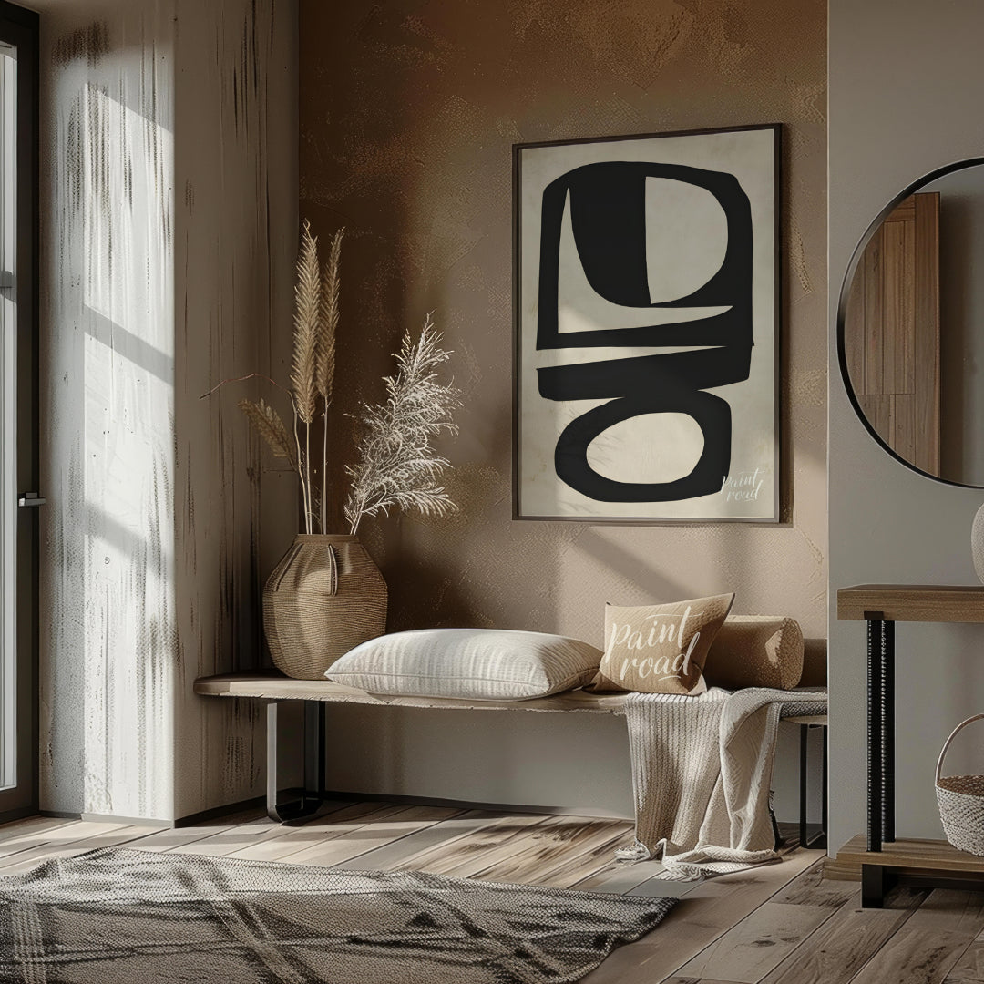 """Abstract Totem"" presents a striking composition of bold, black shapes against a textured, neutr… for entryway