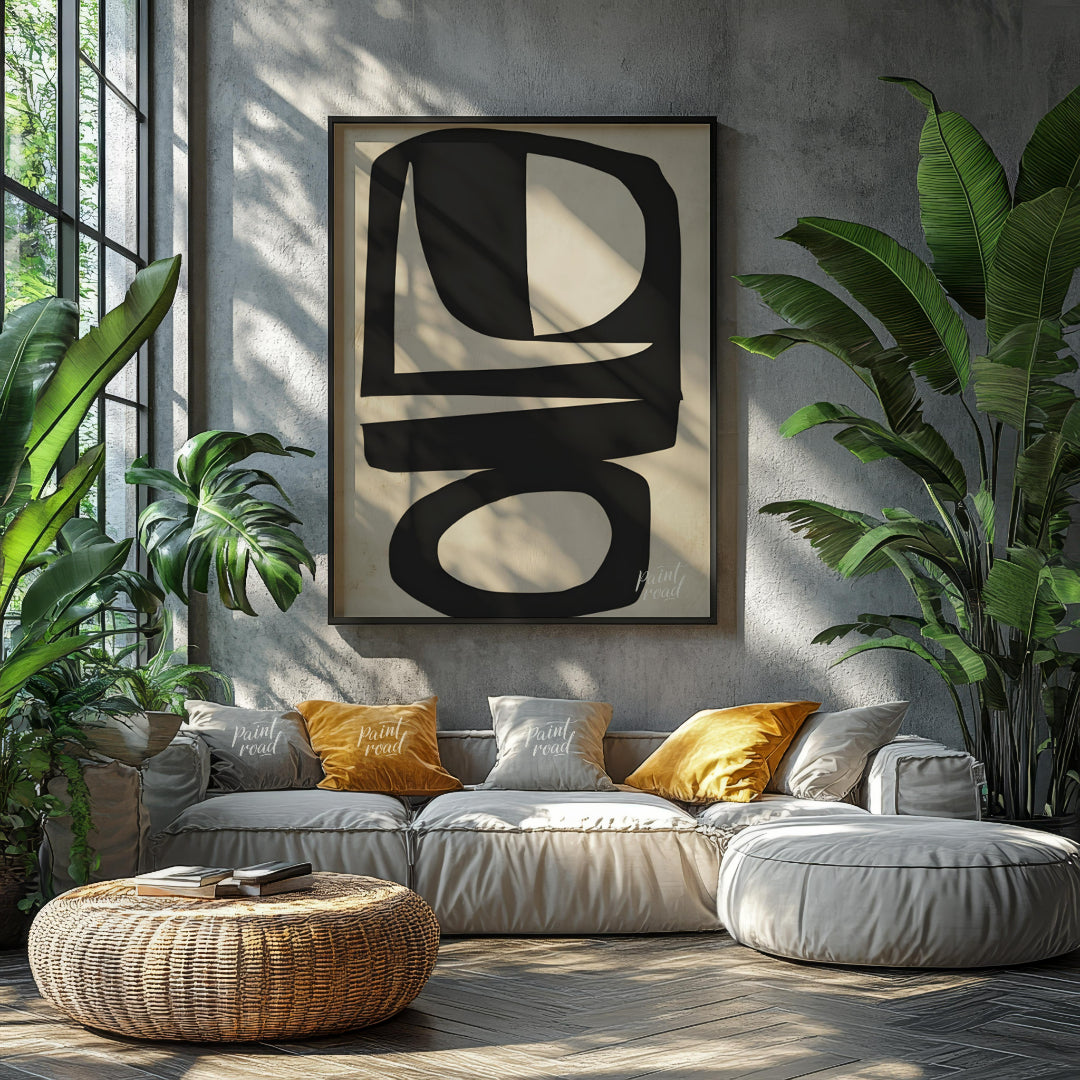 """Abstract Totem"" presents a striking composition of bold, black shapes against a textured, neutr… for living room