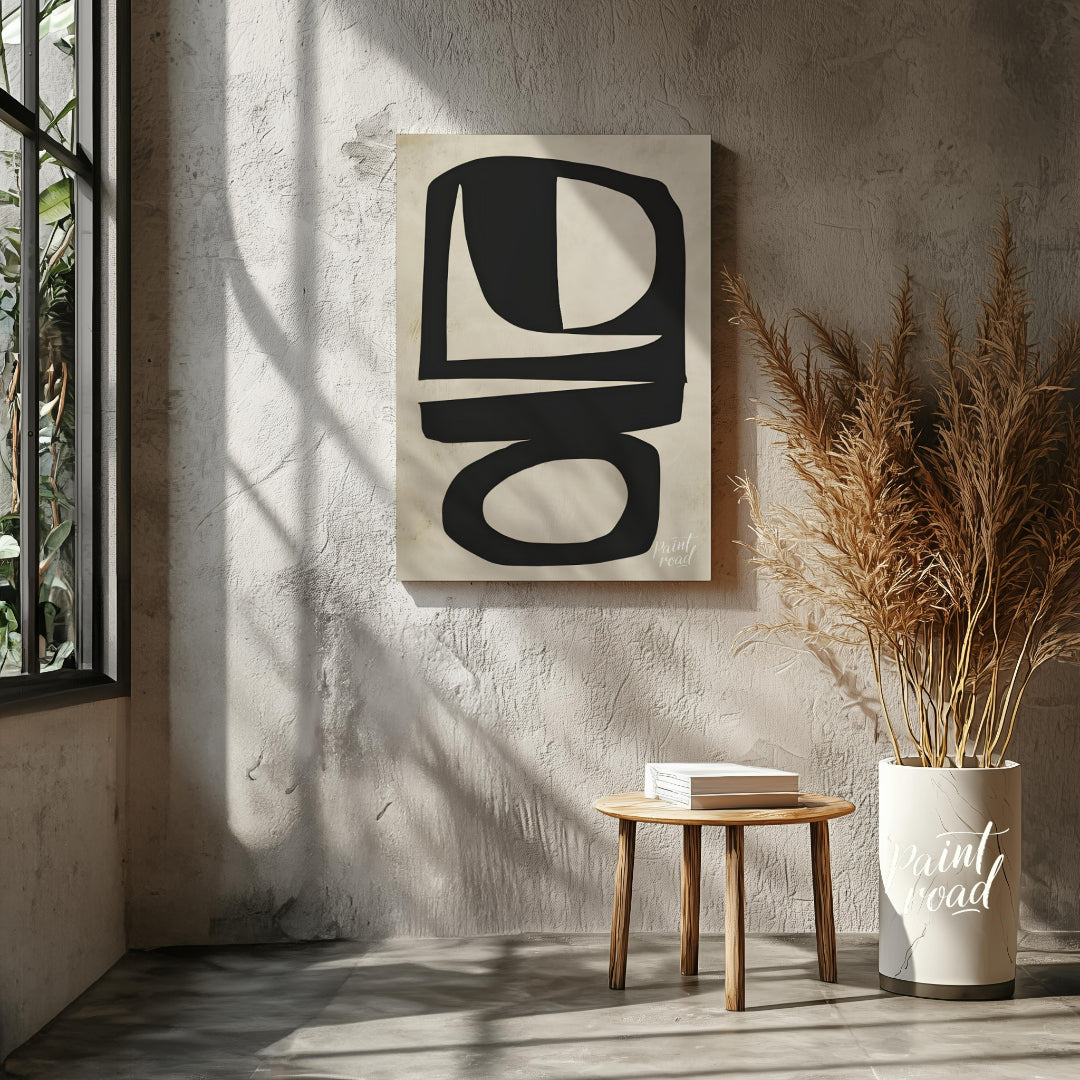 """Abstract Totem"" presents a striking composition of bold, black shapes against a textured, neutr… for living room