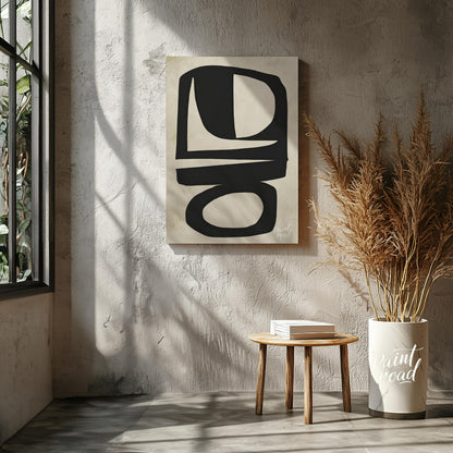 """Abstract Totem"" presents a striking composition of bold, black shapes against a textured, neutr… for living room