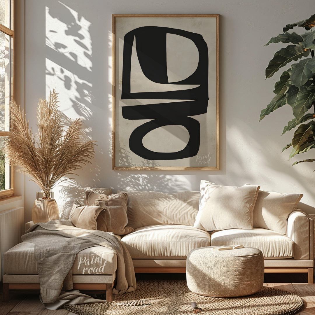 """Abstract Totem"" presents a striking composition of bold, black shapes against a textured, neutr… for living room