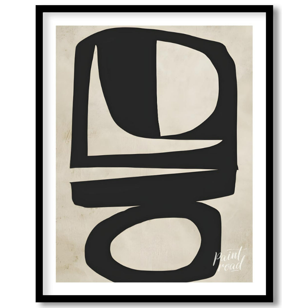 """Abstract Totem"" presents a striking composition of bold, black shapes against a textured, neutr… for place