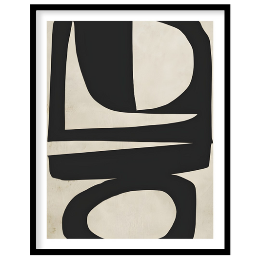 """Abstract Totem"" presents a striking composition of bold, black shapes against a textured, neutr… for place