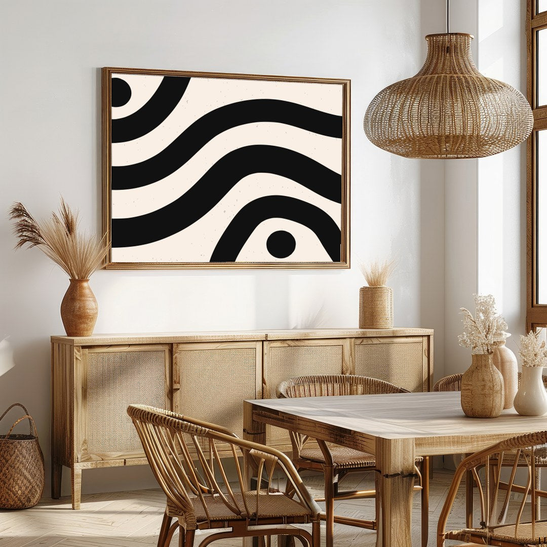 Elevate your space with this striking piece of abstract wall art, featuring bold black waves and for Dining