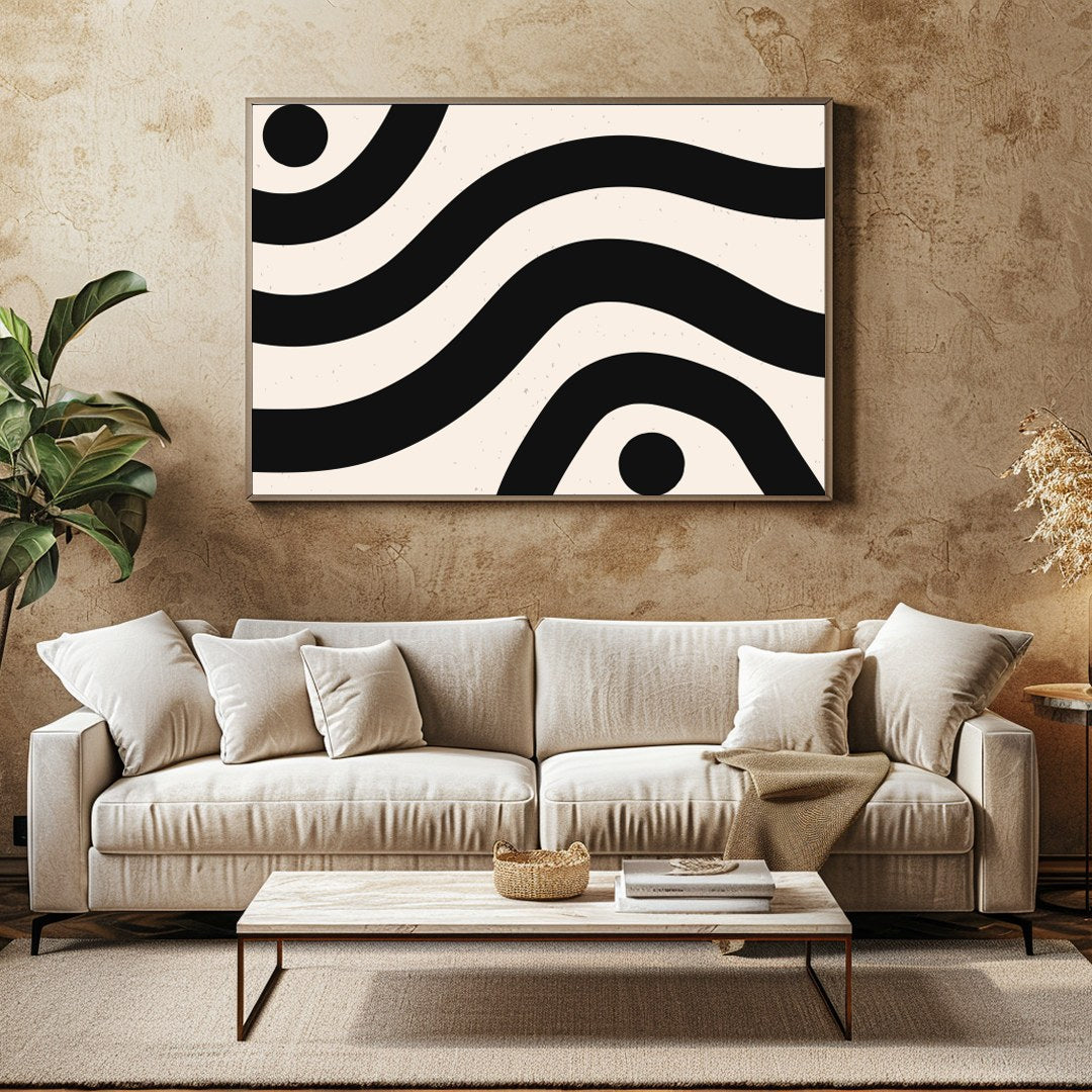 Elevate your space with this striking piece of abstract wall art, featuring bold black waves and for Family Room
