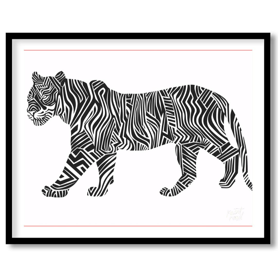 This bold and graphic artwork depicts a tiger in profile, but with its traditional stripes reimagin… for area