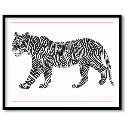 This bold and graphic artwork depicts a tiger in profile, but with its traditional stripes reimagin… for area