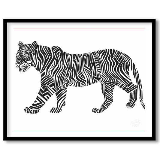 This bold and graphic artwork depicts a tiger in profile, but with its traditional stripes reimagin… for area