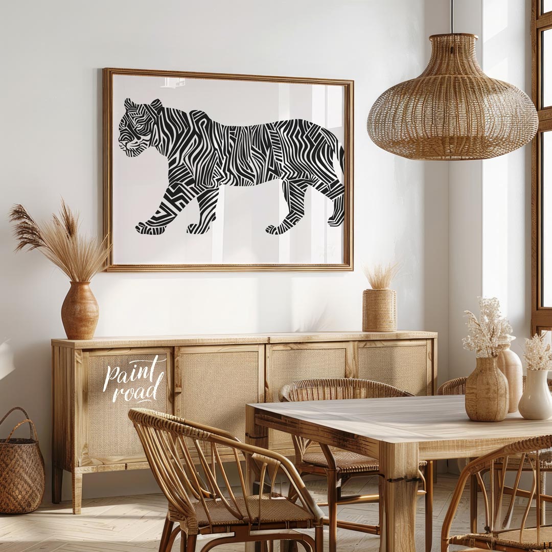This bold and graphic artwork depicts a tiger in profile, but with its traditional stripes reimagin… for dining room