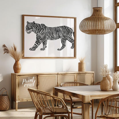 This bold and graphic artwork depicts a tiger in profile, but with its traditional stripes reimagin… for dining room