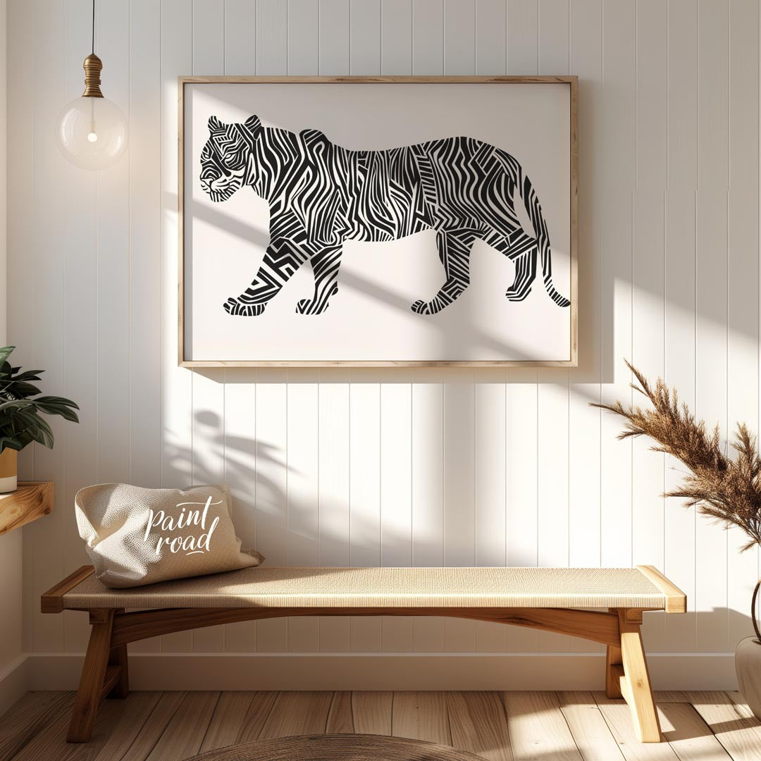 This bold and graphic artwork depicts a tiger in profile, but with its traditional stripes reimagin… for entryway