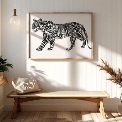 This bold and graphic artwork depicts a tiger in profile, but with its traditional stripes reimagin… for entryway