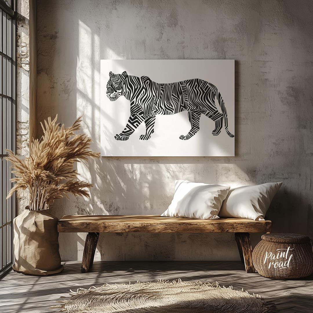 This bold and graphic artwork depicts a tiger in profile, but with its traditional stripes reimagin… for hallway