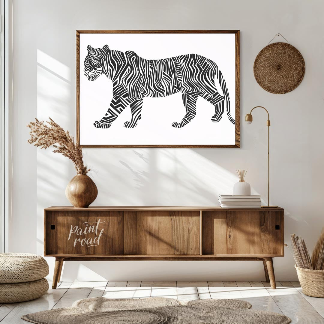 This bold and graphic artwork depicts a tiger in profile, but with its traditional stripes reimagin… for living room