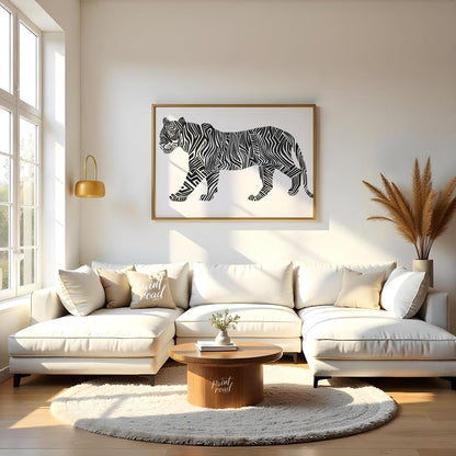 This bold and graphic artwork depicts a tiger in profile, but with its traditional stripes reimagin… for living room