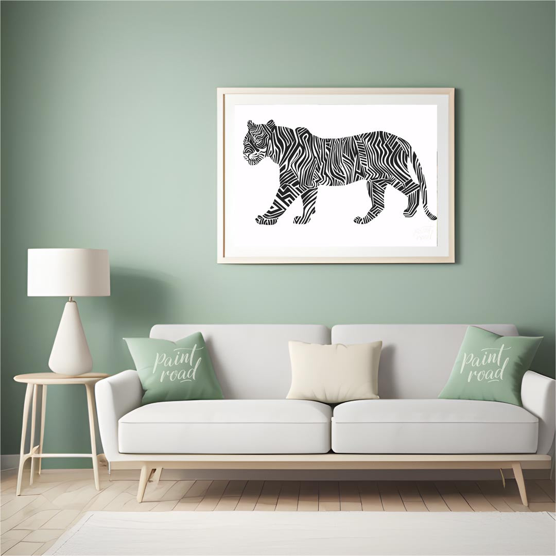 This bold and graphic artwork depicts a tiger in profile, but with its traditional stripes reimagin… for living room