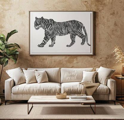 This bold and graphic artwork depicts a tiger in profile, but with its traditional stripes reimagin… for living room