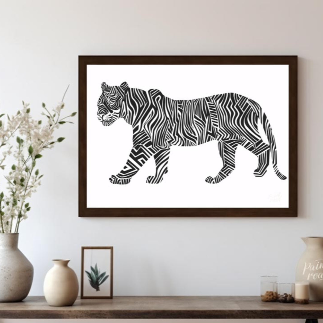 This bold and graphic artwork depicts a tiger in profile, but with its traditional stripes reimagin… for living room