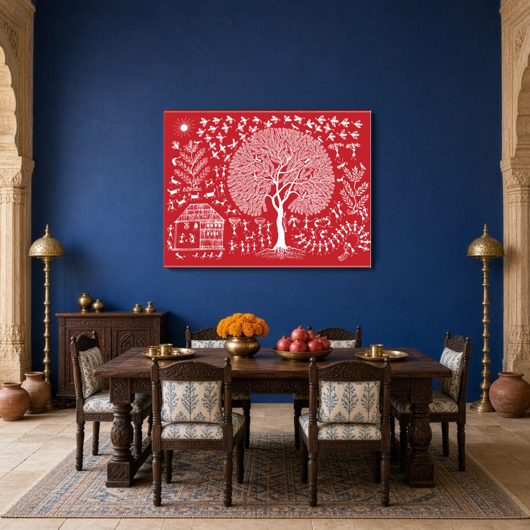 Immerse yourself in the vibrant rhythms of village life depicted in this exquisite Warli art piece. for Dining