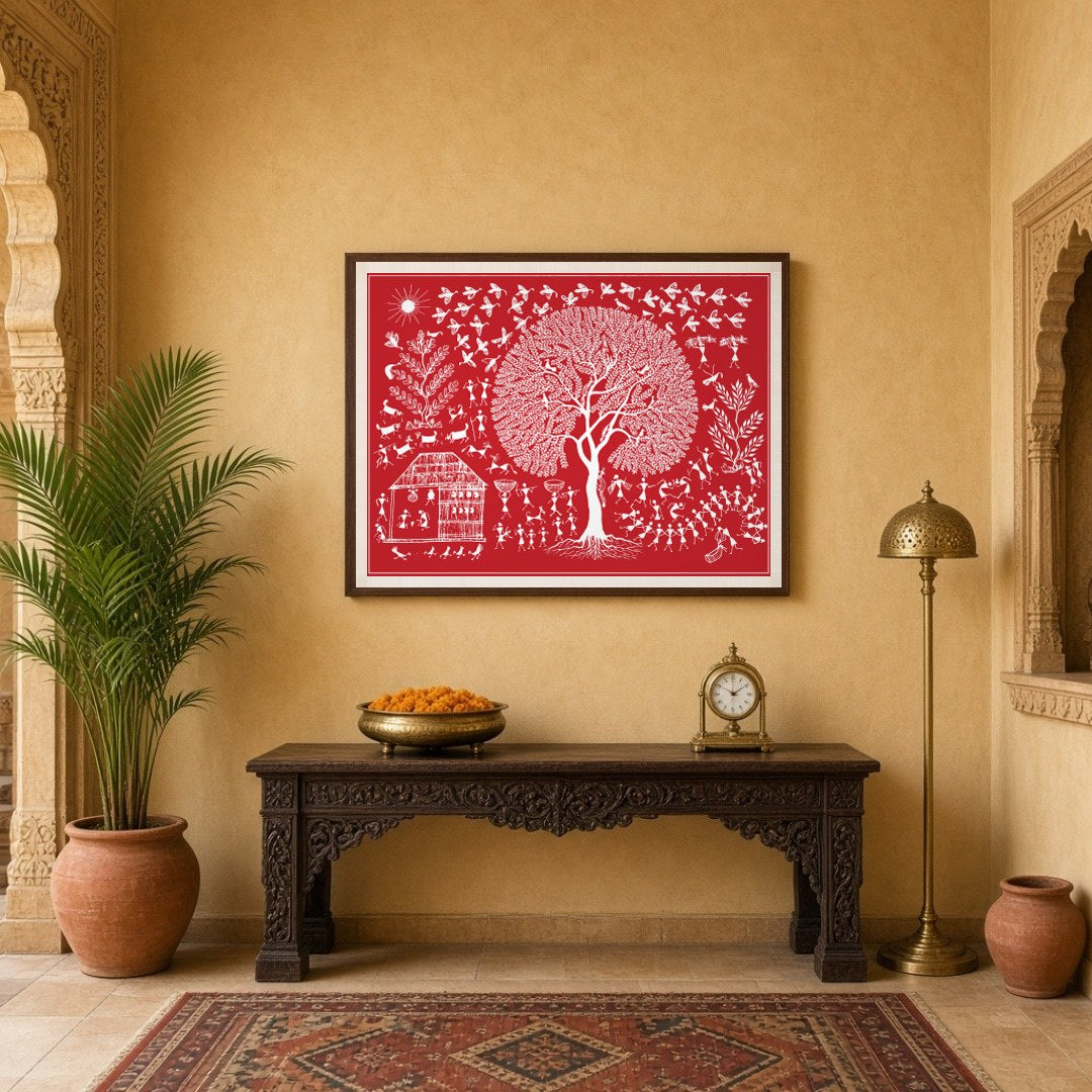 Immerse yourself in the vibrant rhythms of village life depicted in this exquisite Warli art piece. for Entrance