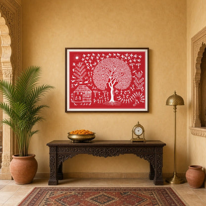 Immerse yourself in the vibrant rhythms of village life depicted in this exquisite Warli art piece. for Entrance