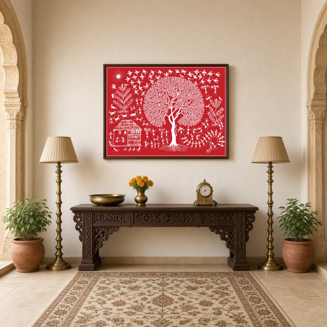 Immerse yourself in the vibrant rhythms of village life depicted in this exquisite Warli art piece. for Hallway