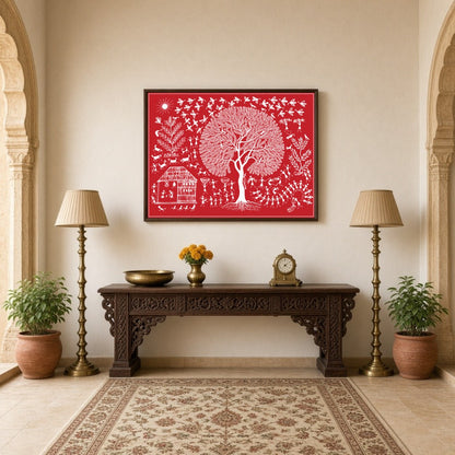 Immerse yourself in the vibrant rhythms of village life depicted in this exquisite Warli art piece. for Hallway