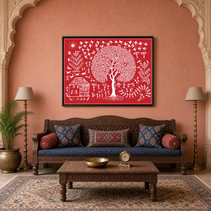 Immerse yourself in the vibrant rhythms of village life depicted in this exquisite Warli art piece. for Living Room