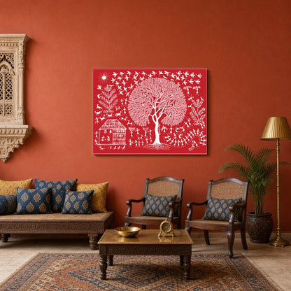 Immerse yourself in the vibrant rhythms of village life depicted in this exquisite Warli art piece. for Sitting Area