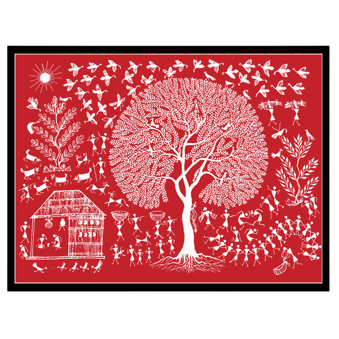 Immerse yourself in the vibrant rhythms of village life depicted in this exquisite Warli art piece. for studio